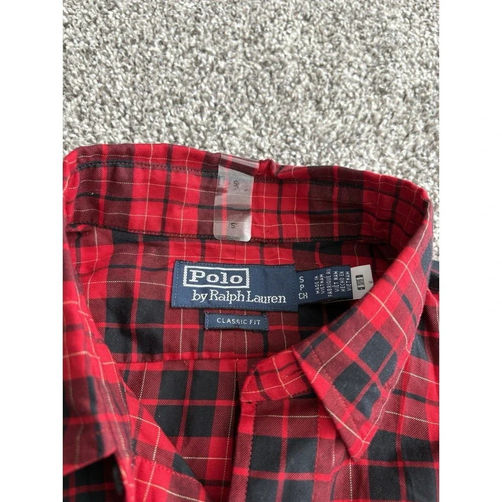 Polo Ralph Lauren Mens Small Red‎ Black Plaid Flannel Button Down Classic Fit